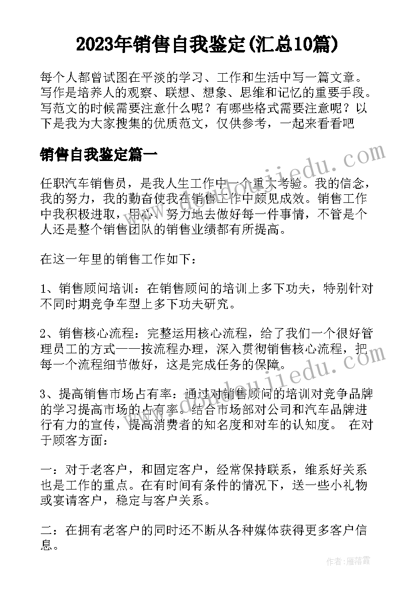 2023年销售自我鉴定(汇总10篇)