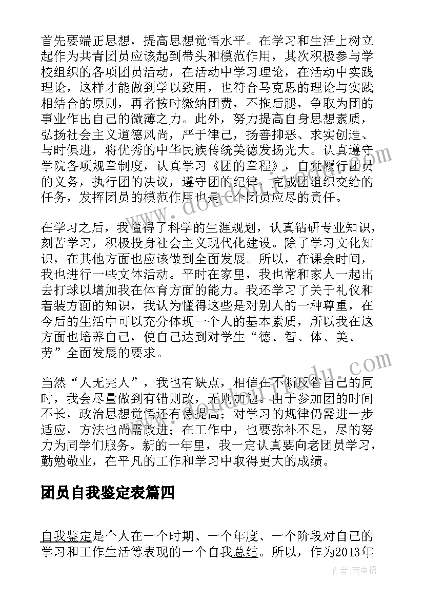 2023年团员自我鉴定表(通用8篇)