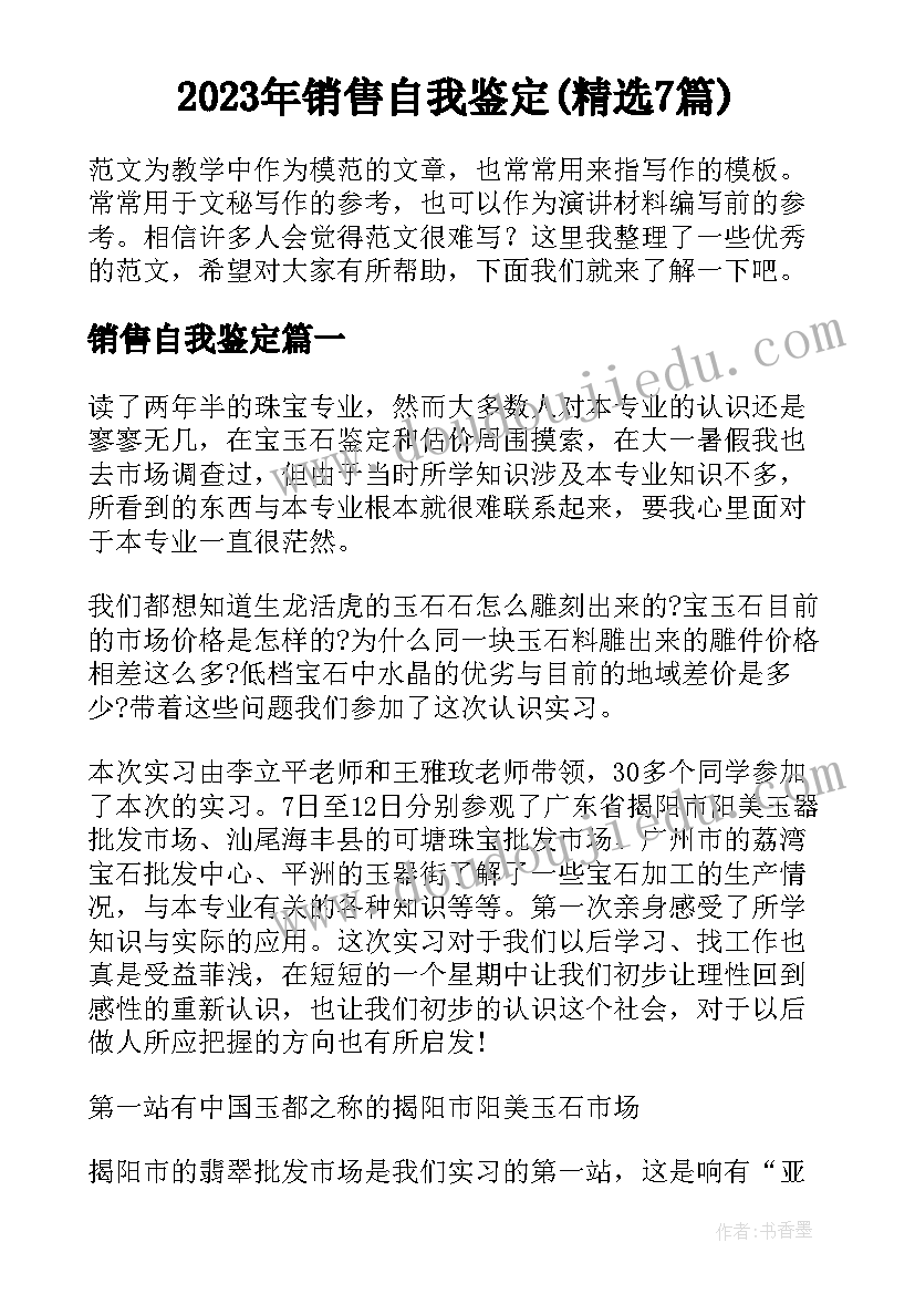 2023年销售自我鉴定(精选7篇)