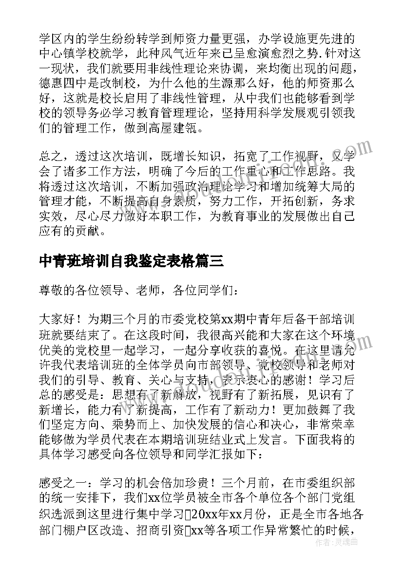 最新中青班培训自我鉴定表格(汇总5篇)