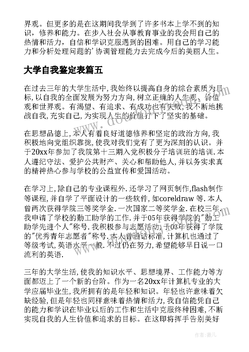 最新大学自我鉴定表(精选5篇)