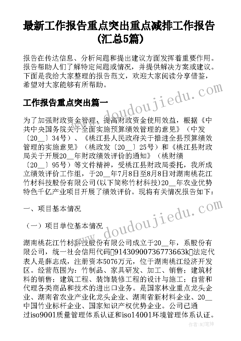 最新工作报告重点突出 重点减排工作报告(汇总5篇)