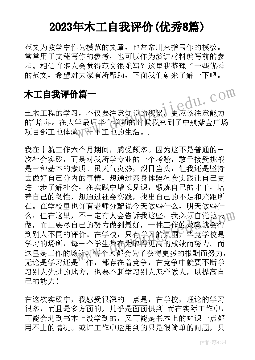 2023年木工自我评价(优秀8篇)