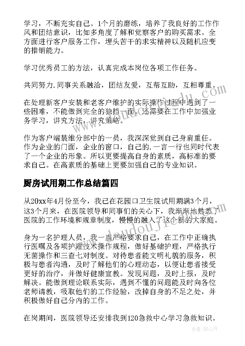 最新厨房试用期工作总结(大全5篇)