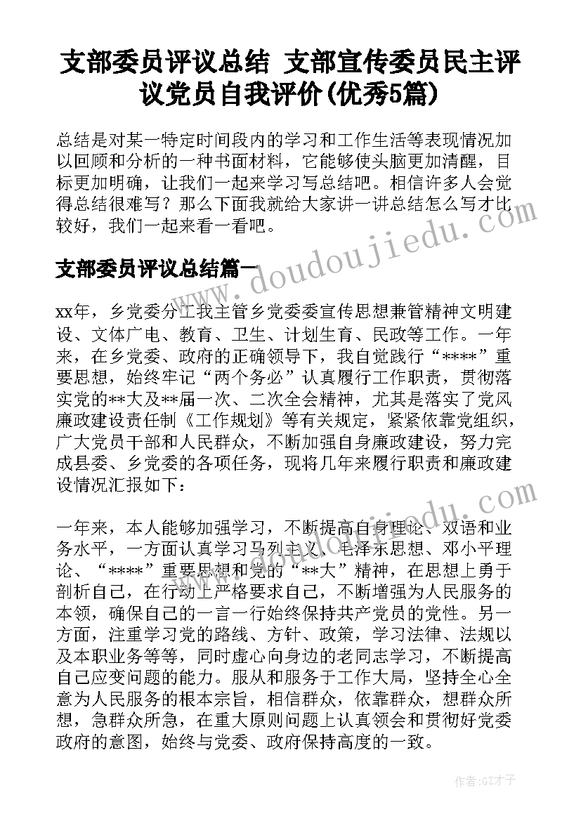 支部委员评议总结 支部宣传委员民主评议党员自我评价(优秀5篇)