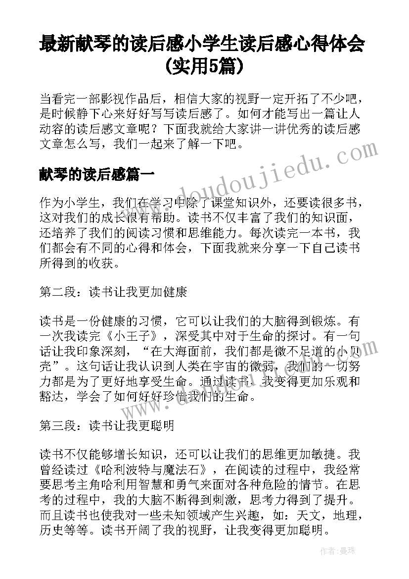 最新献琴的读后感 小学生读后感心得体会(实用5篇)