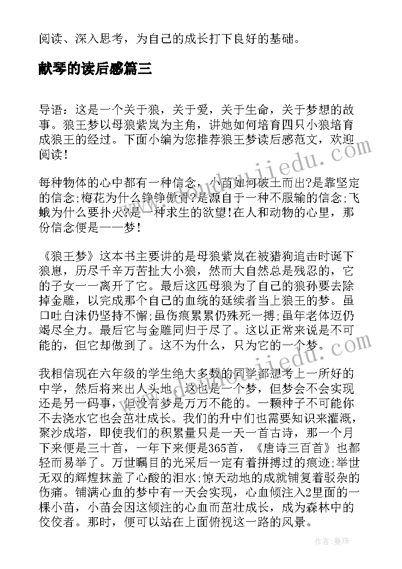 最新献琴的读后感 小学生读后感心得体会(实用5篇)