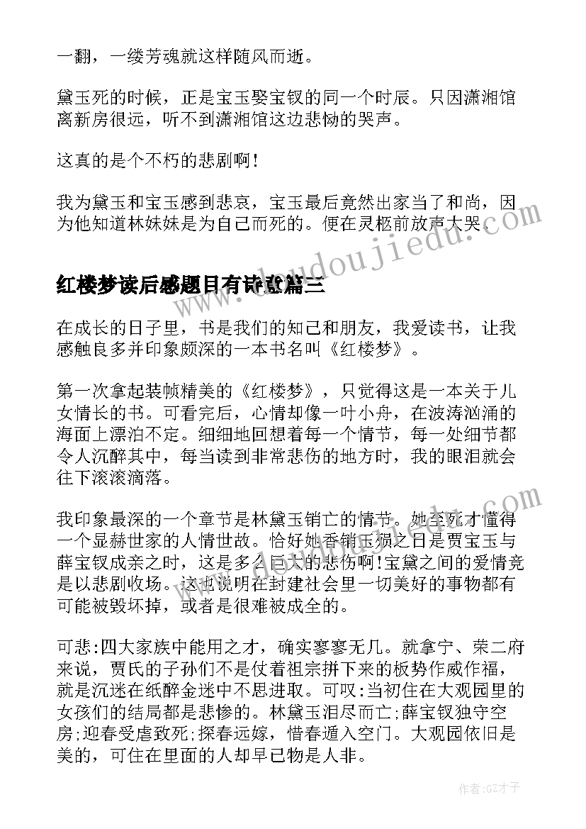 2023年红楼梦读后感题目有诗意 红楼梦读后感题目(通用5篇)