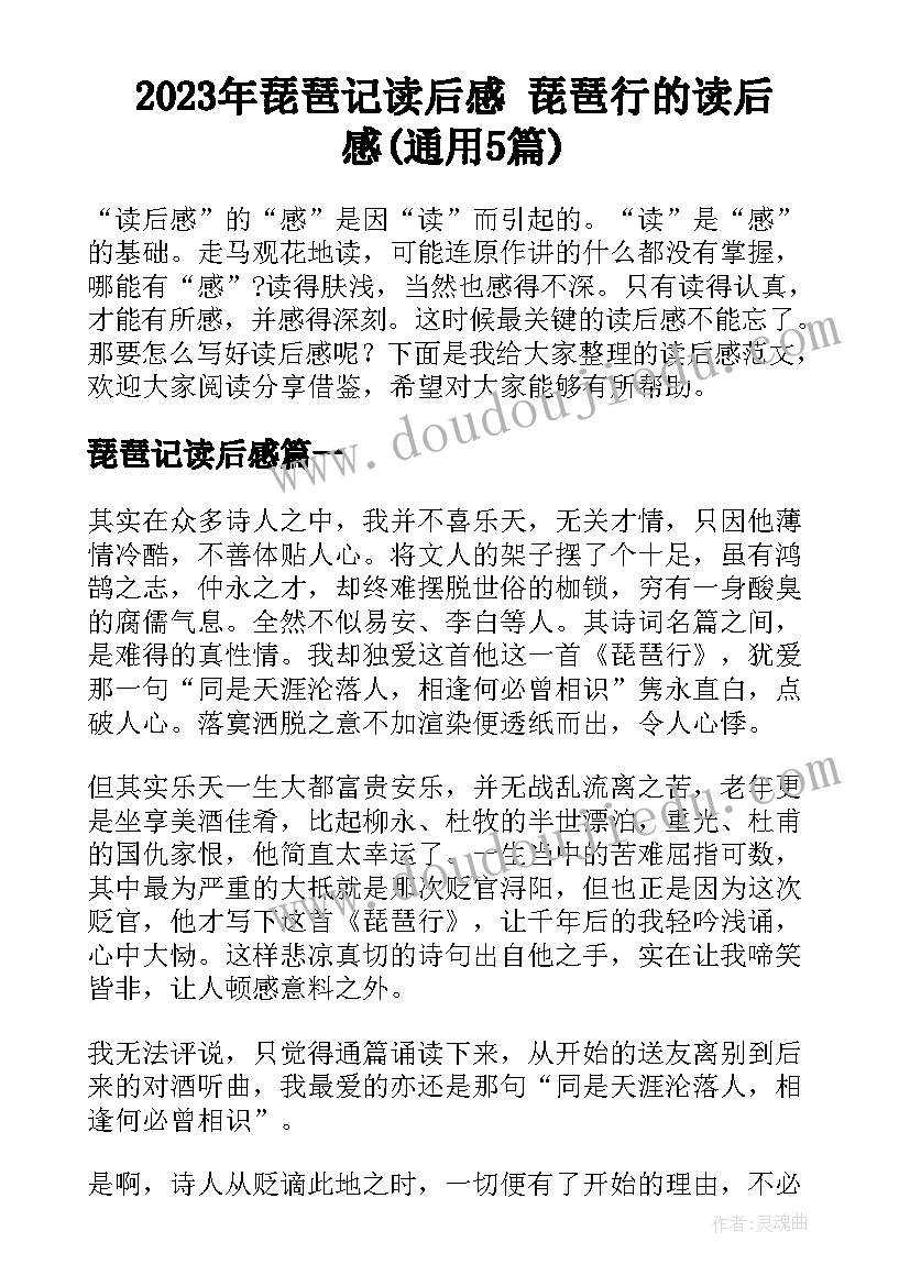 2023年琵琶记读后感 琵琶行的读后感(通用5篇)