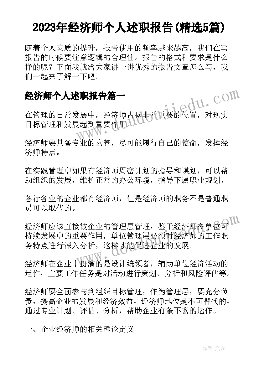 2023年经济师个人述职报告(精选5篇)