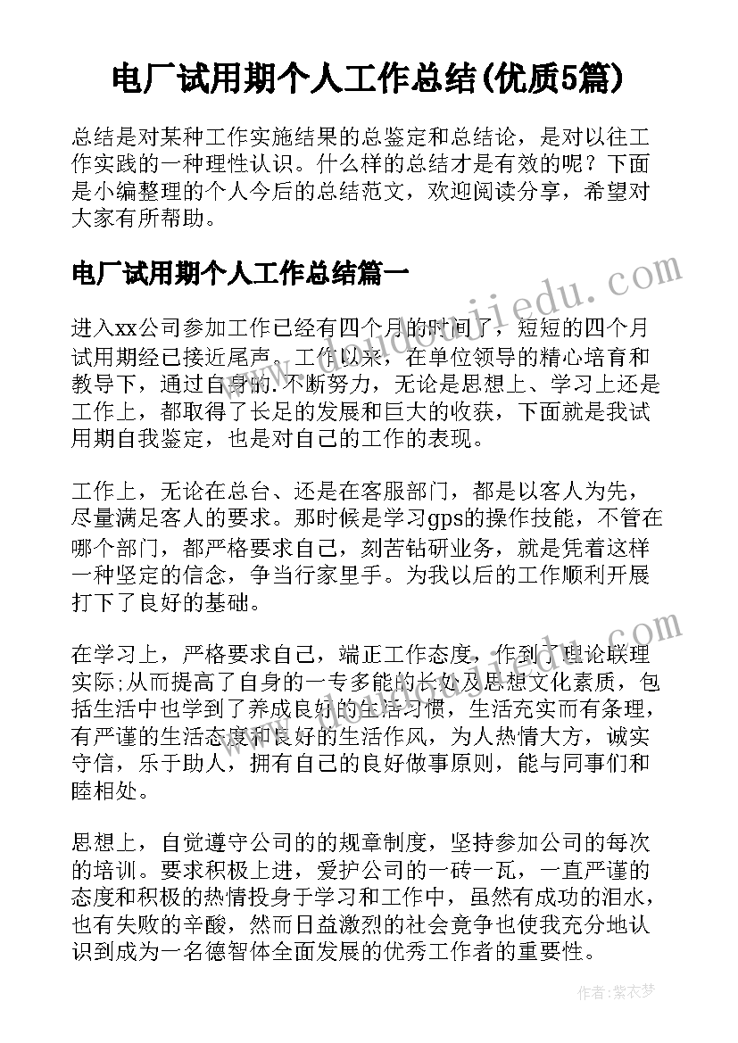 电厂试用期个人工作总结(优质5篇)