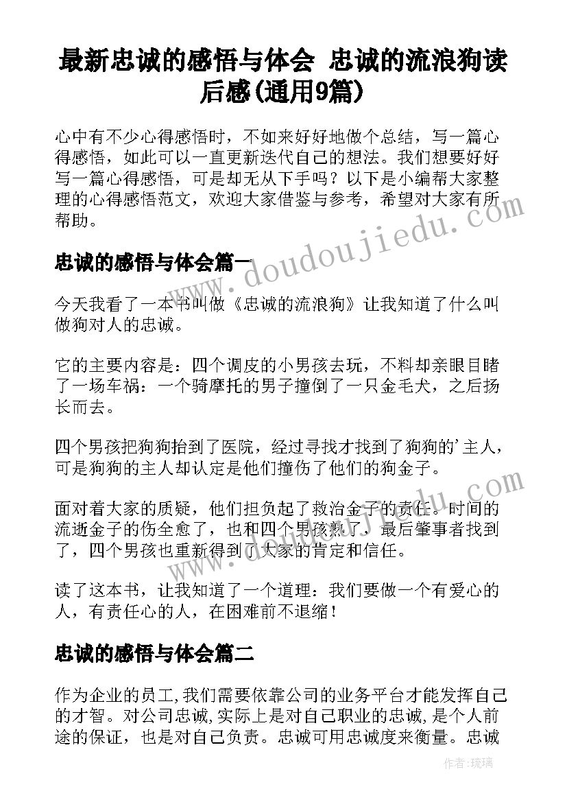 最新忠诚的感悟与体会 忠诚的流浪狗读后感(通用9篇)