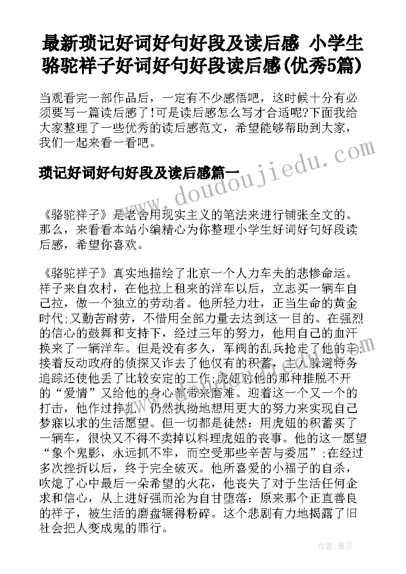 最新琐记好词好句好段及读后感 小学生骆驼祥子好词好句好段读后感(优秀5篇)