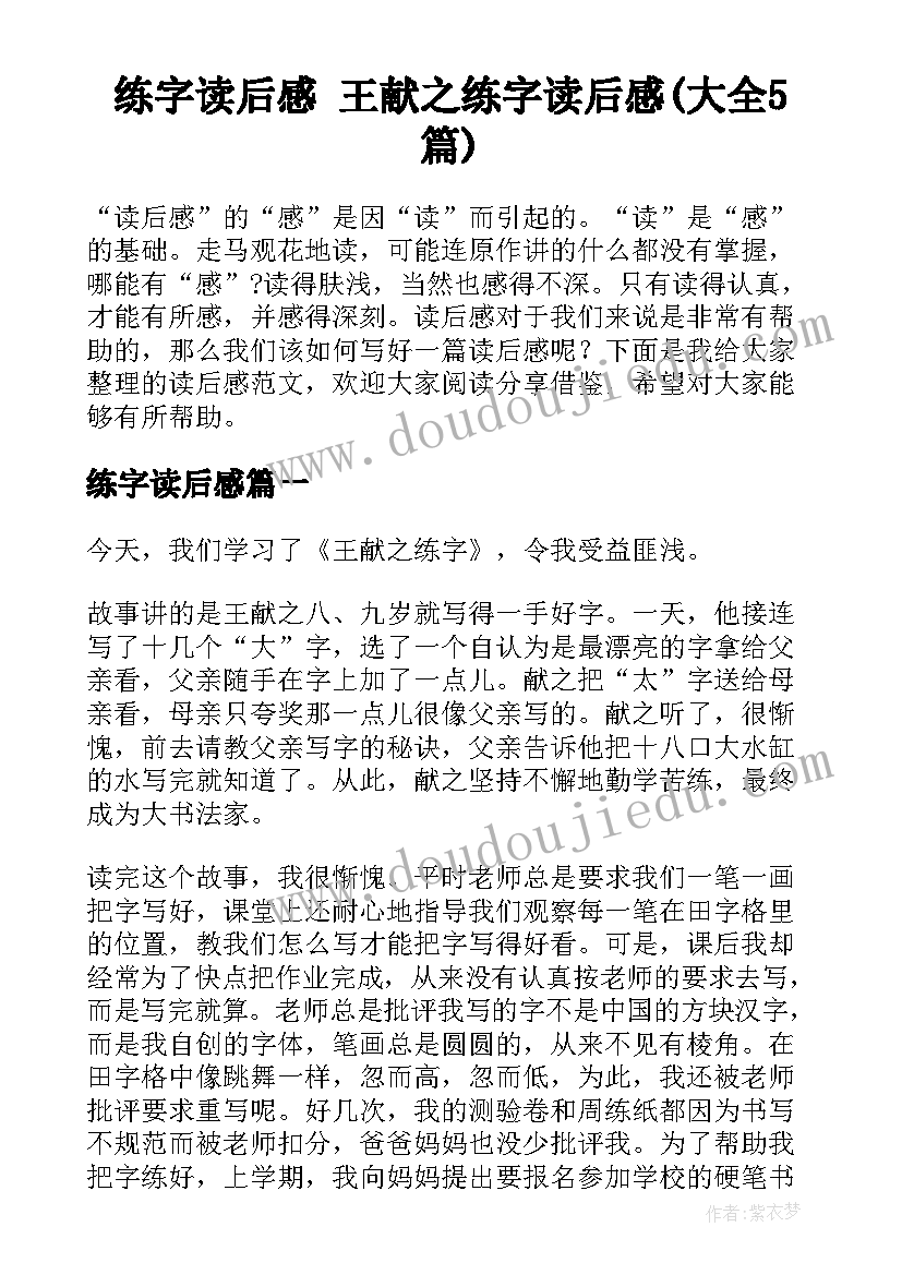 练字读后感 王献之练字读后感(大全5篇)