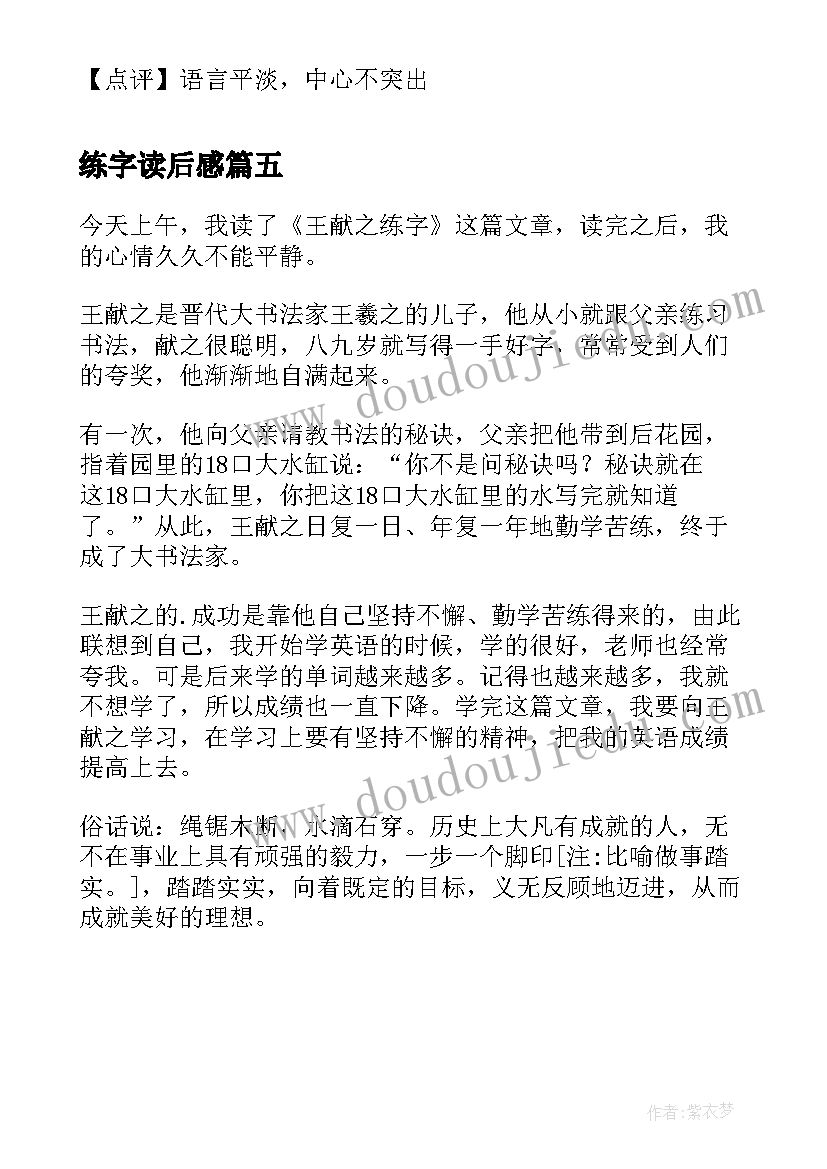 练字读后感 王献之练字读后感(大全5篇)