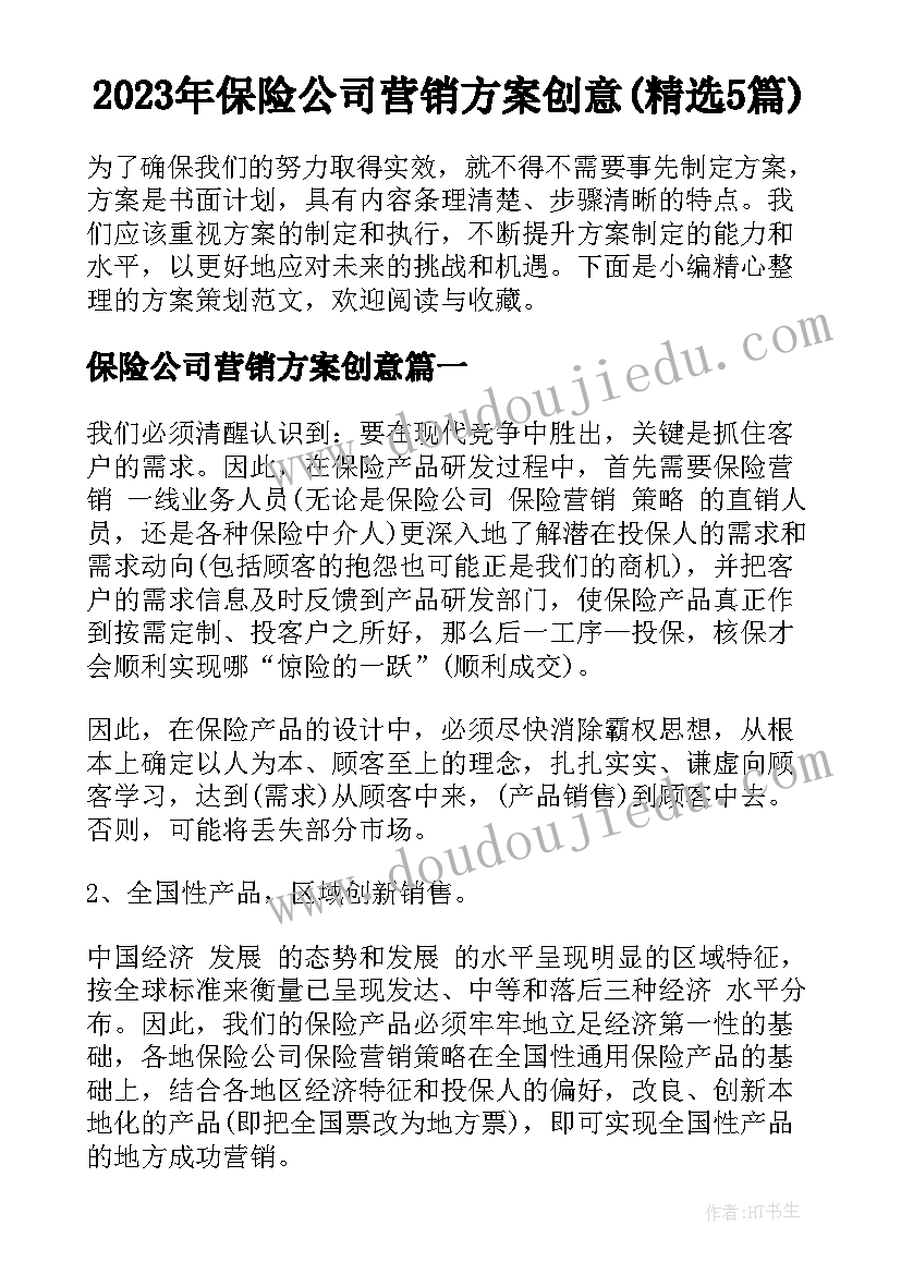 2023年保险公司营销方案创意(精选5篇)