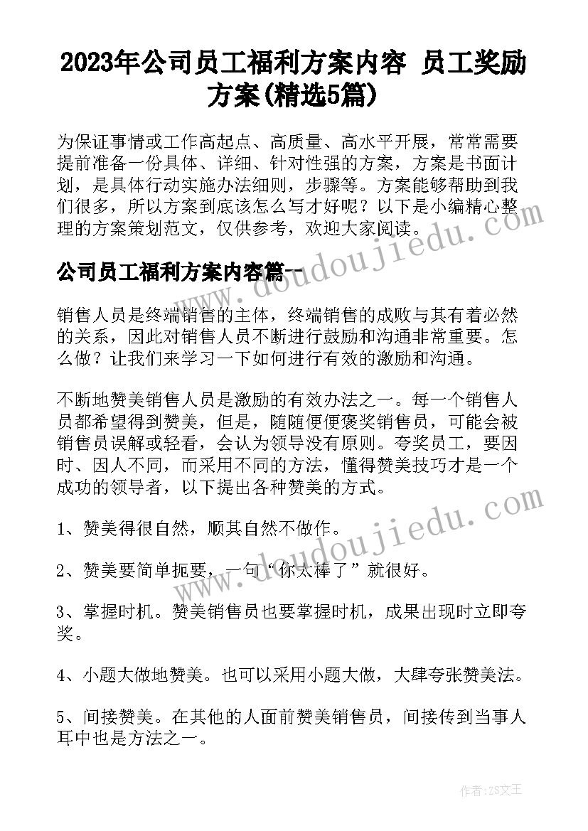 2023年公司员工福利方案内容 员工奖励方案(精选5篇)