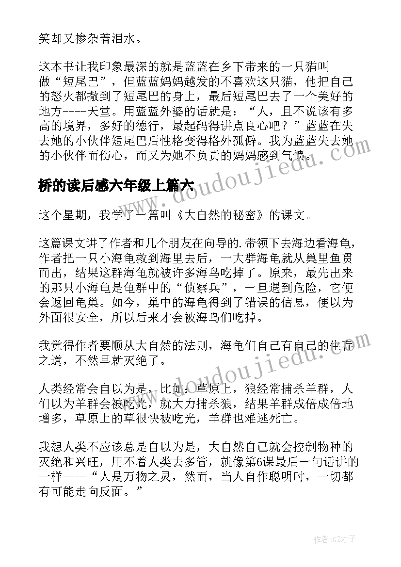 2023年桥的读后感六年级上 六年级读后感(通用9篇)