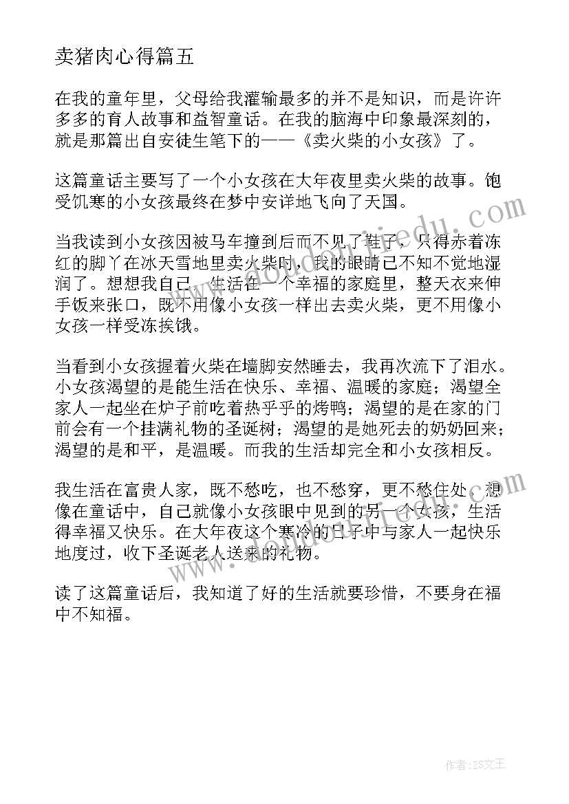 卖猪肉心得 六年级读后感读卖火柴的小女孩有感(优秀5篇)