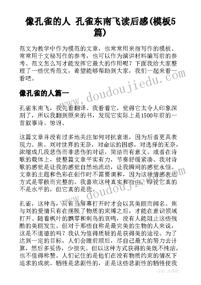 像孔雀的人 孔雀东南飞读后感(模板5篇)