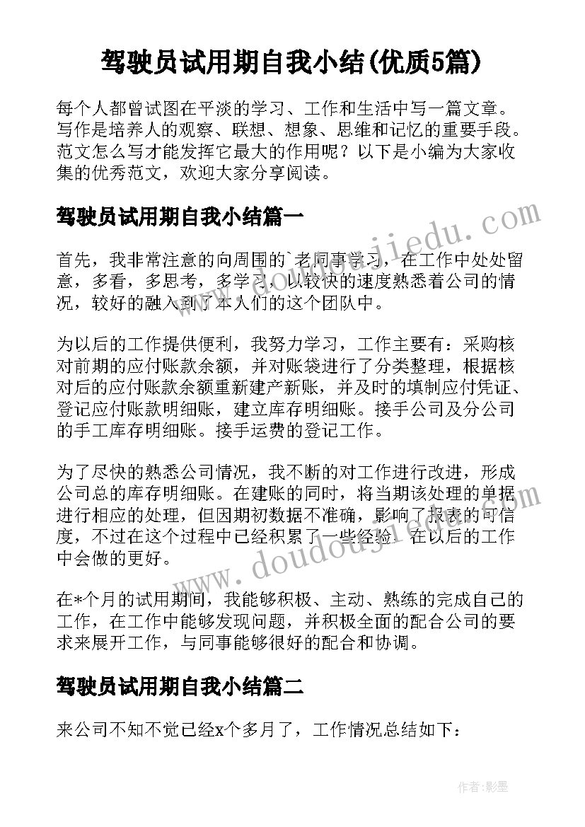 驾驶员试用期自我小结(优质5篇)