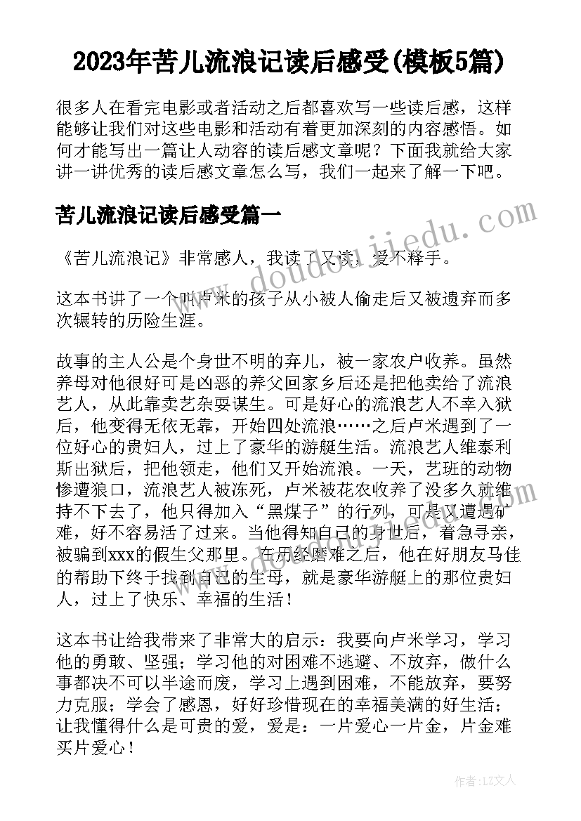 2023年苦儿流浪记读后感受(模板5篇)