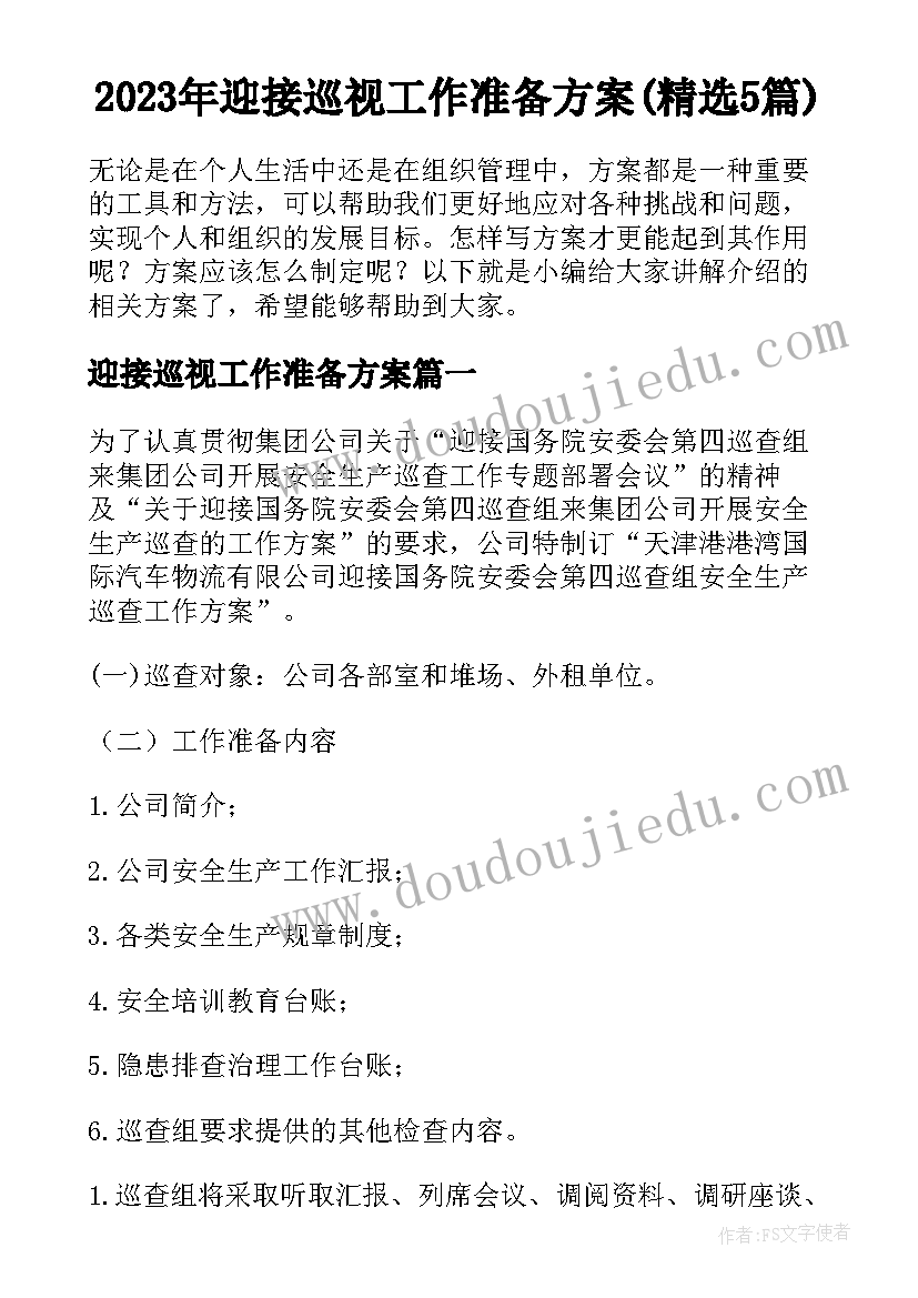 2023年迎接巡视工作准备方案(精选5篇)