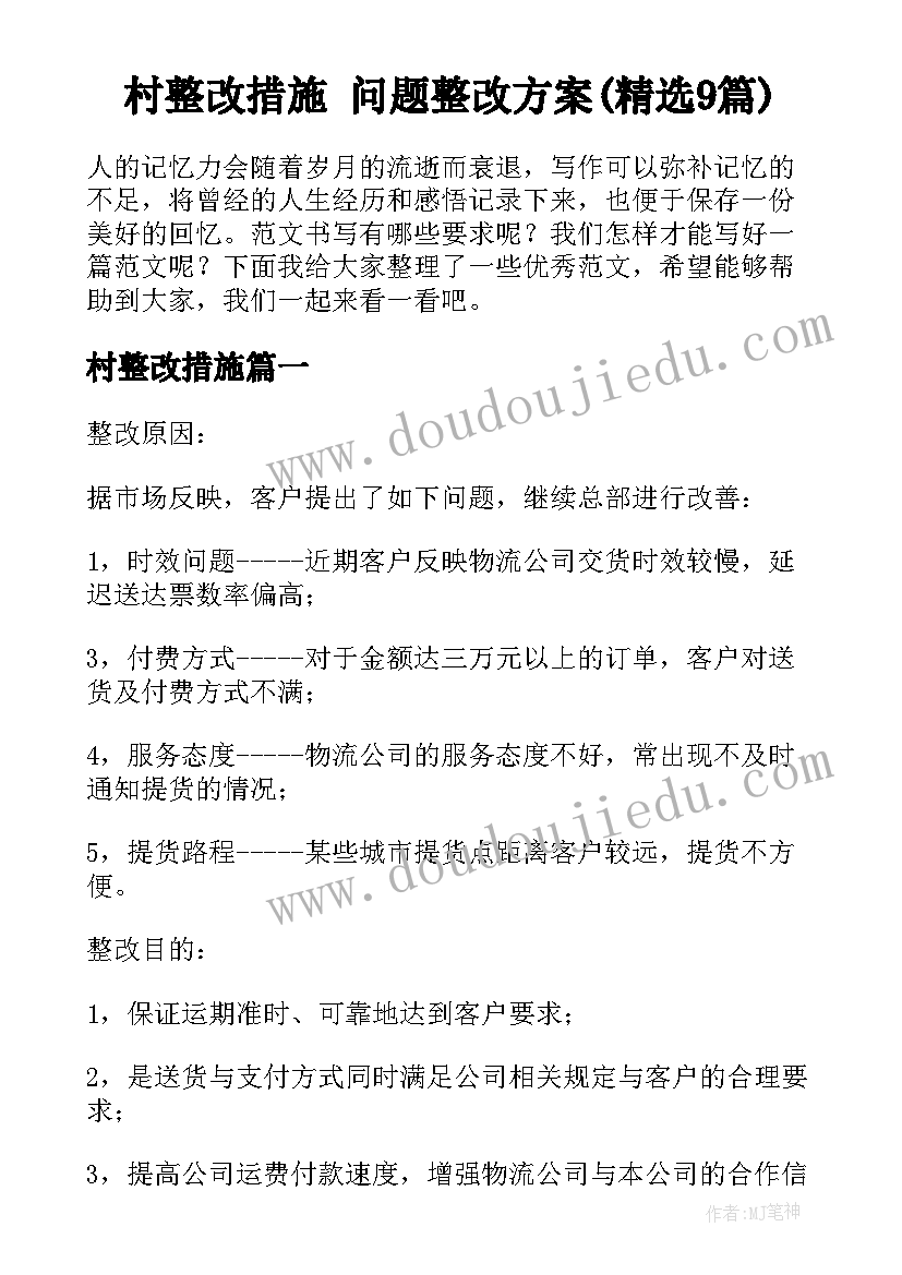 村整改措施 问题整改方案(精选9篇)