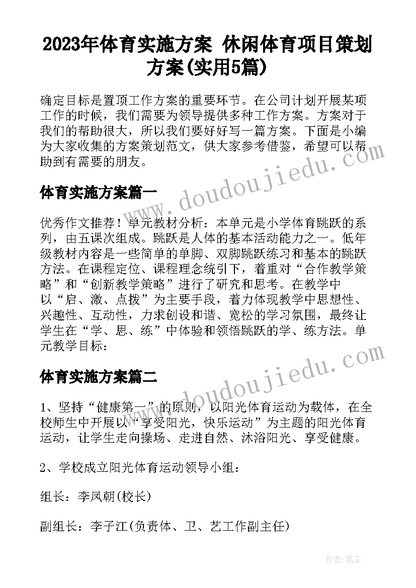 2023年体育实施方案 休闲体育项目策划方案(实用5篇)