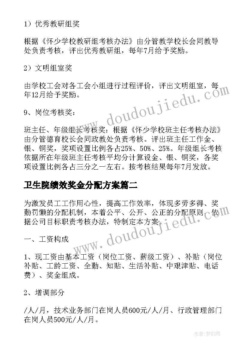 2023年卫生院绩效奖金分配方案 学校绩效工资分配实施方案(优质7篇)