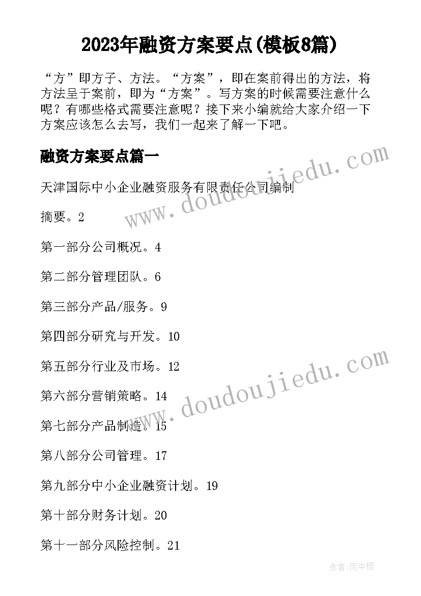 2023年融资方案要点(模板8篇)