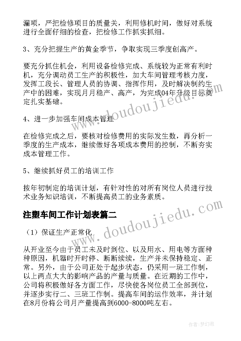 最新注塑车间工作计划表(优质5篇)