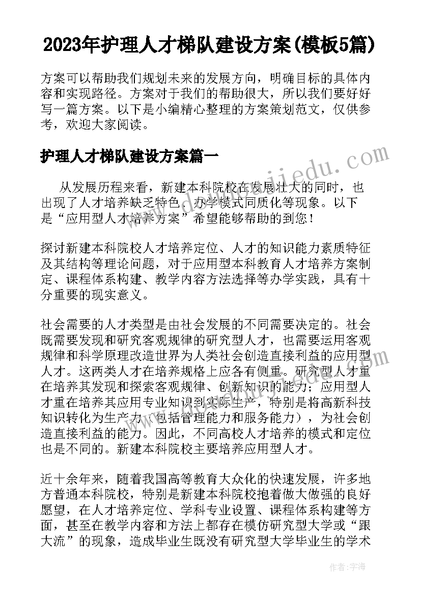 2023年护理人才梯队建设方案(模板5篇)