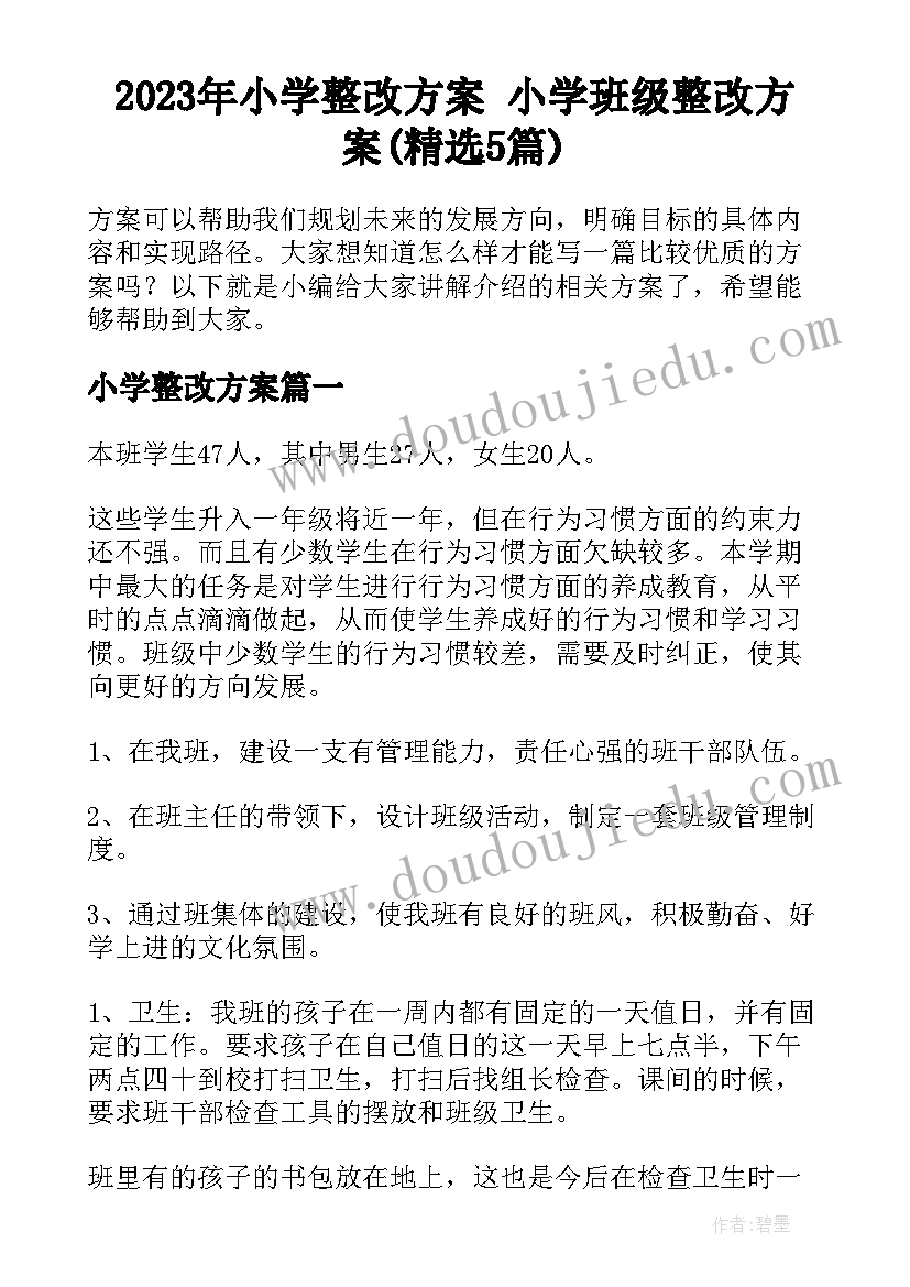 2023年小学整改方案 小学班级整改方案(精选5篇)