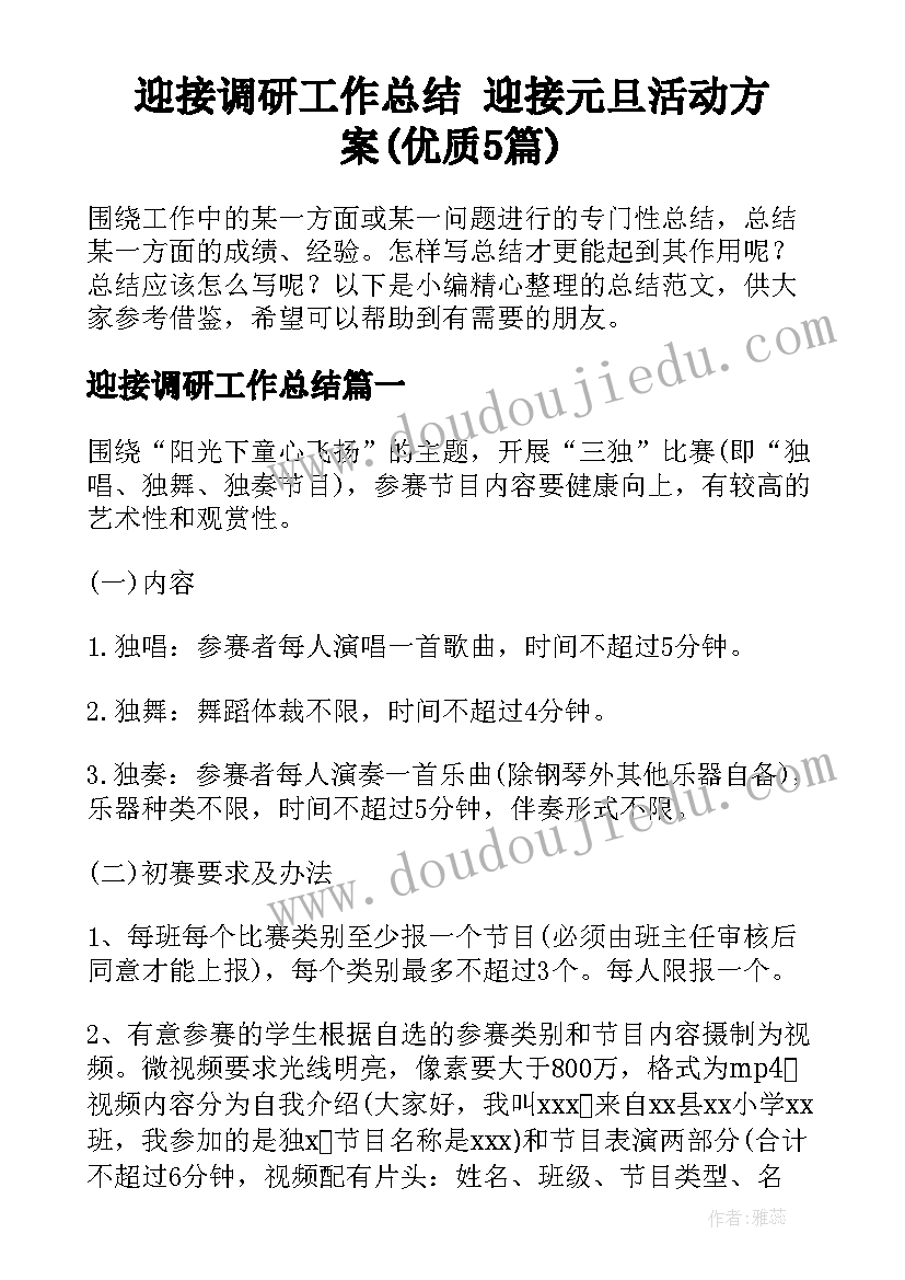 迎接调研工作总结 迎接元旦活动方案(优质5篇)