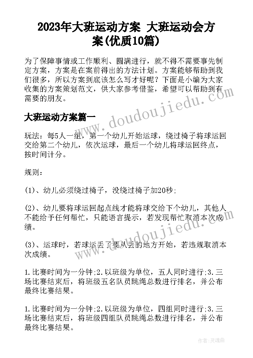 2023年大班运动方案 大班运动会方案(优质10篇)