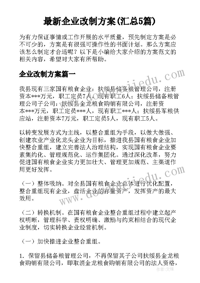 最新企业改制方案(汇总5篇)