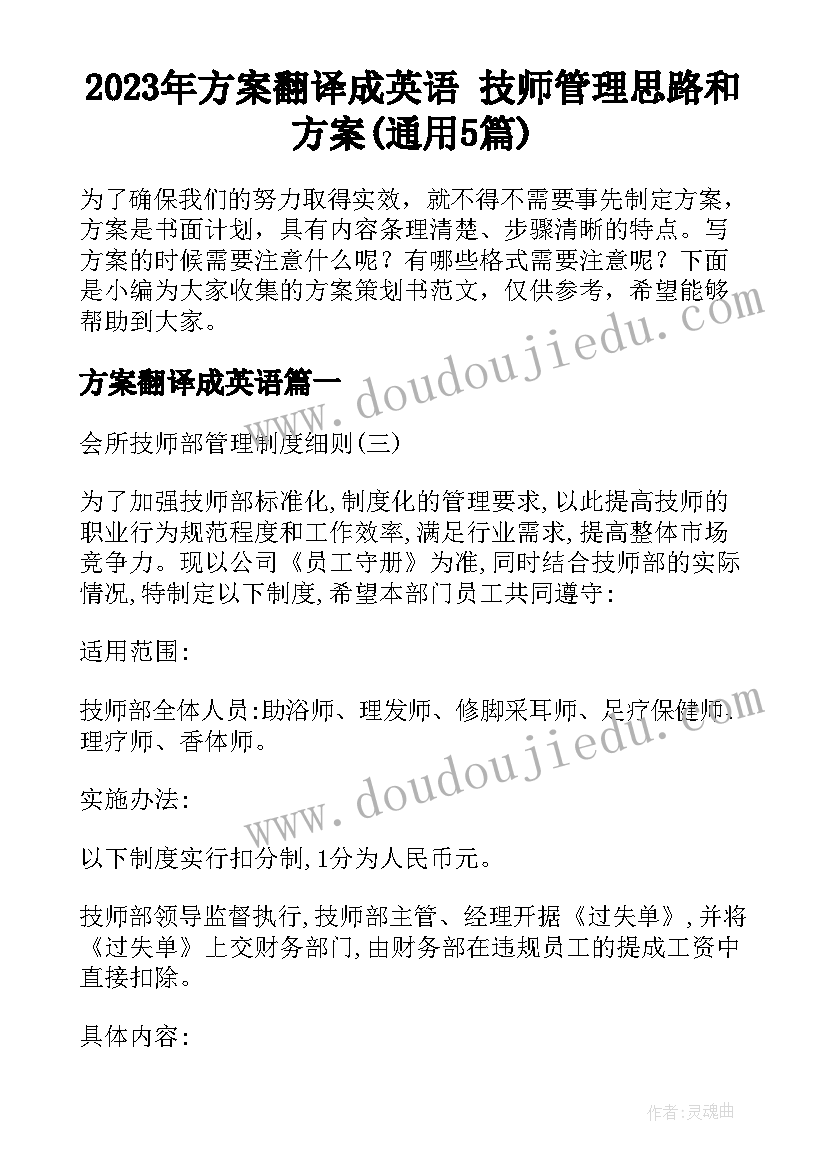 2023年方案翻译成英语 技师管理思路和方案(通用5篇)