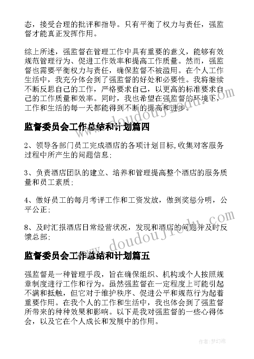 2023年监督委员会工作总结和计划(大全5篇)