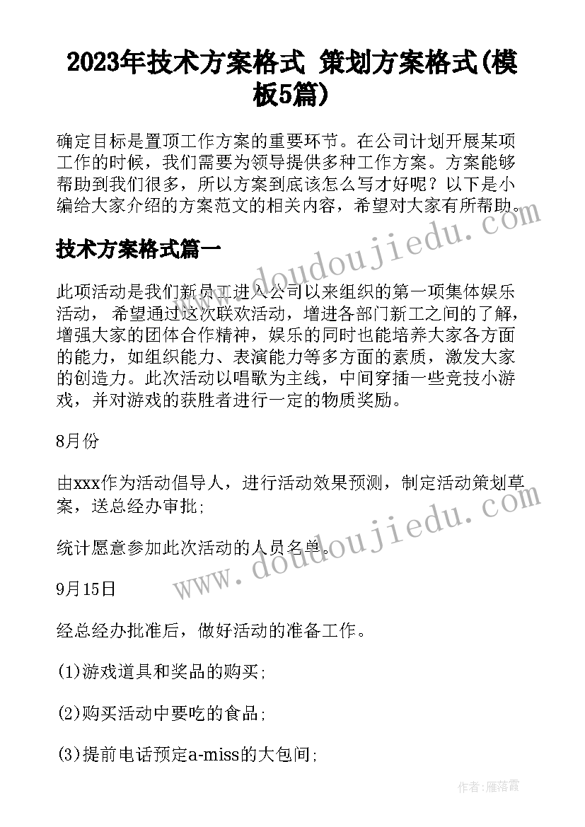 2023年技术方案格式 策划方案格式(模板5篇)