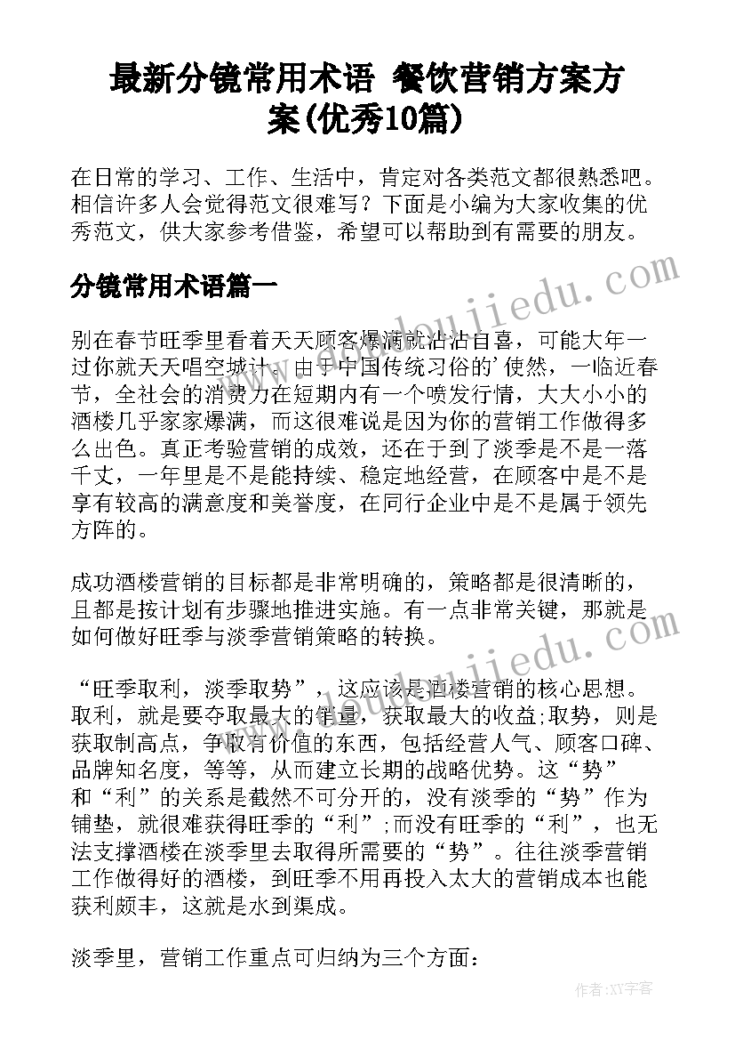 最新分镜常用术语 餐饮营销方案方案(优秀10篇)