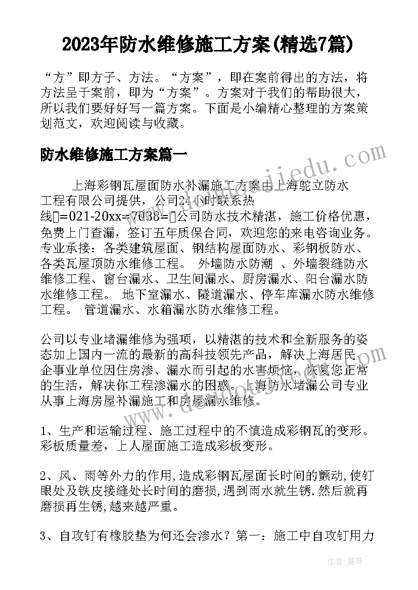 2023年防水维修施工方案(精选7篇)