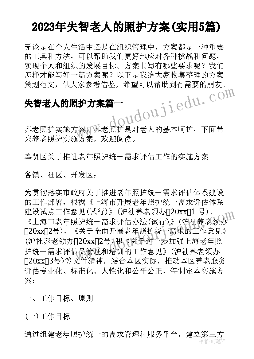 2023年失智老人的照护方案(实用5篇)