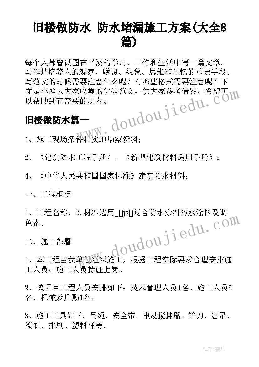 旧楼做防水 防水堵漏施工方案(大全8篇)