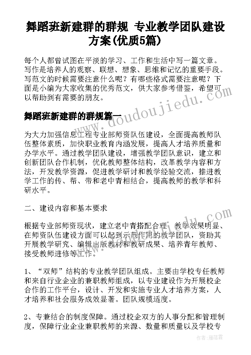 舞蹈班新建群的群规 专业教学团队建设方案(优质5篇)