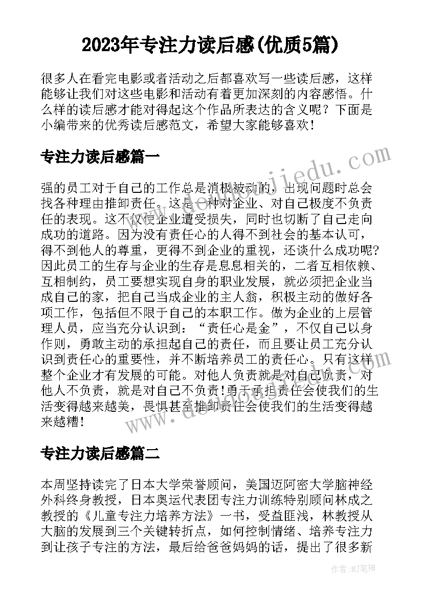 2023年专注力读后感(优质5篇)