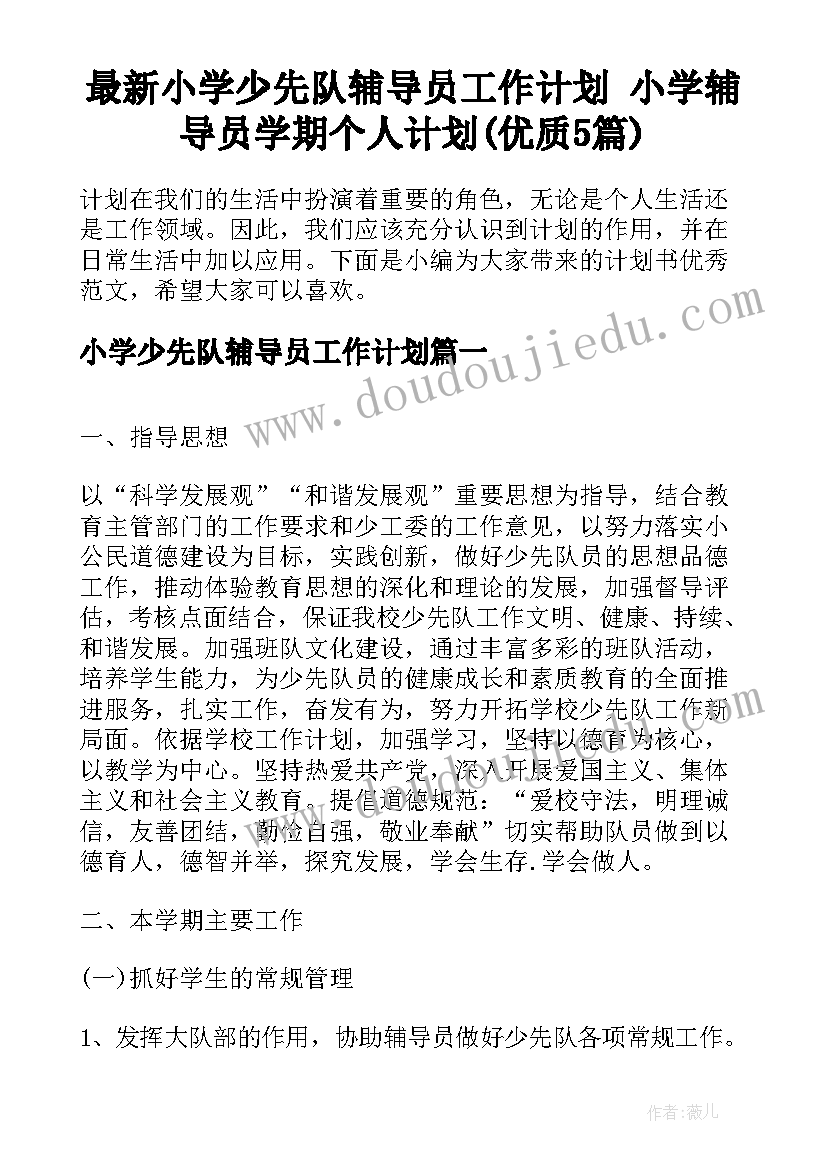 最新小学少先队辅导员工作计划 小学辅导员学期个人计划(优质5篇)