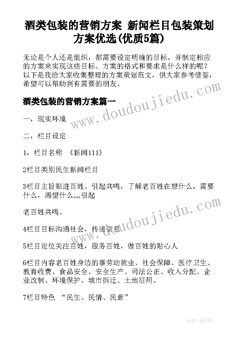 酒类包装的营销方案 新闻栏目包装策划方案优选(优质5篇)