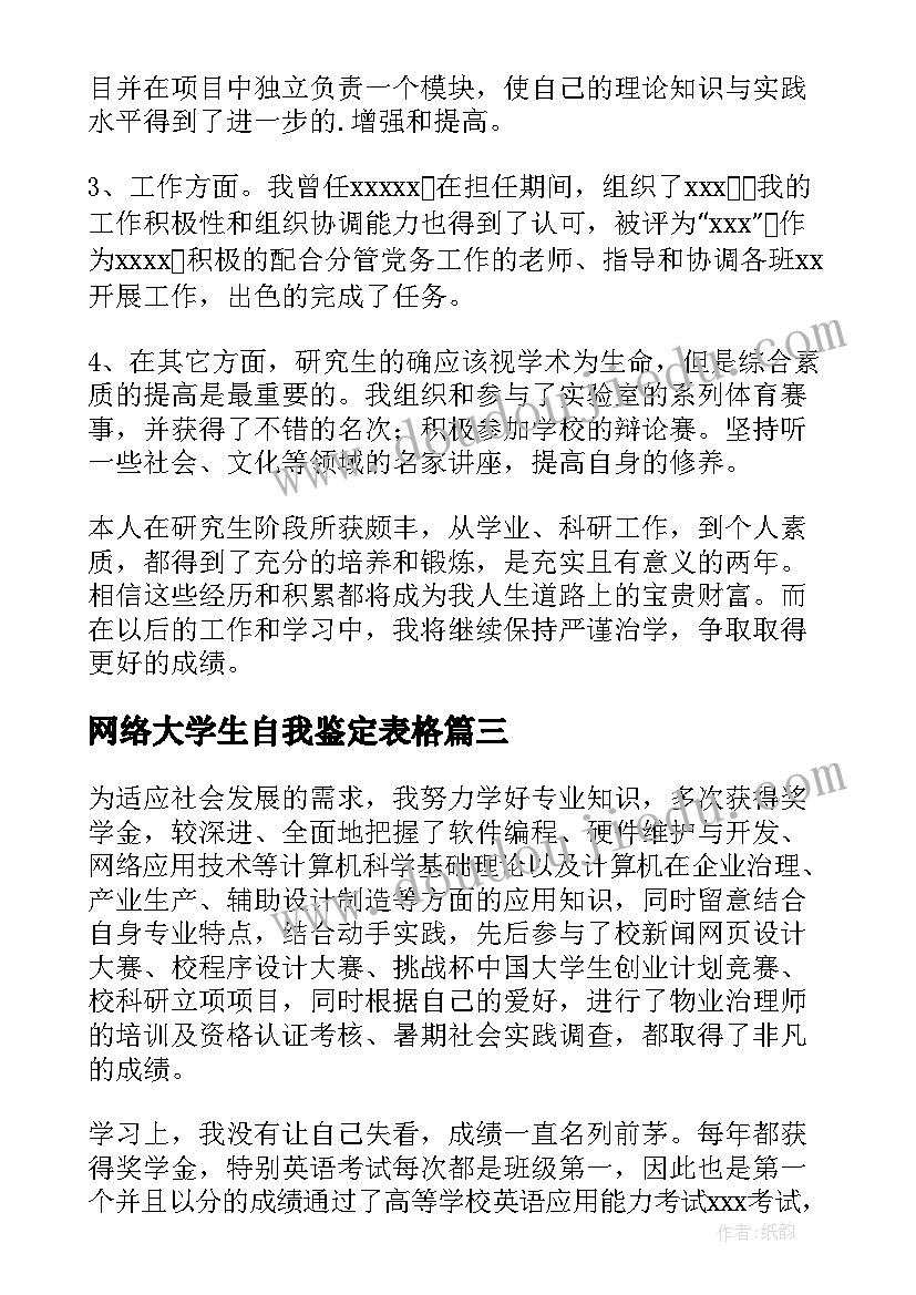 网络大学生自我鉴定表格(大全5篇)