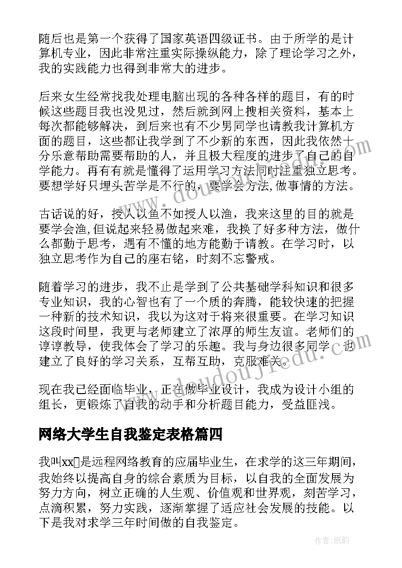 网络大学生自我鉴定表格(大全5篇)